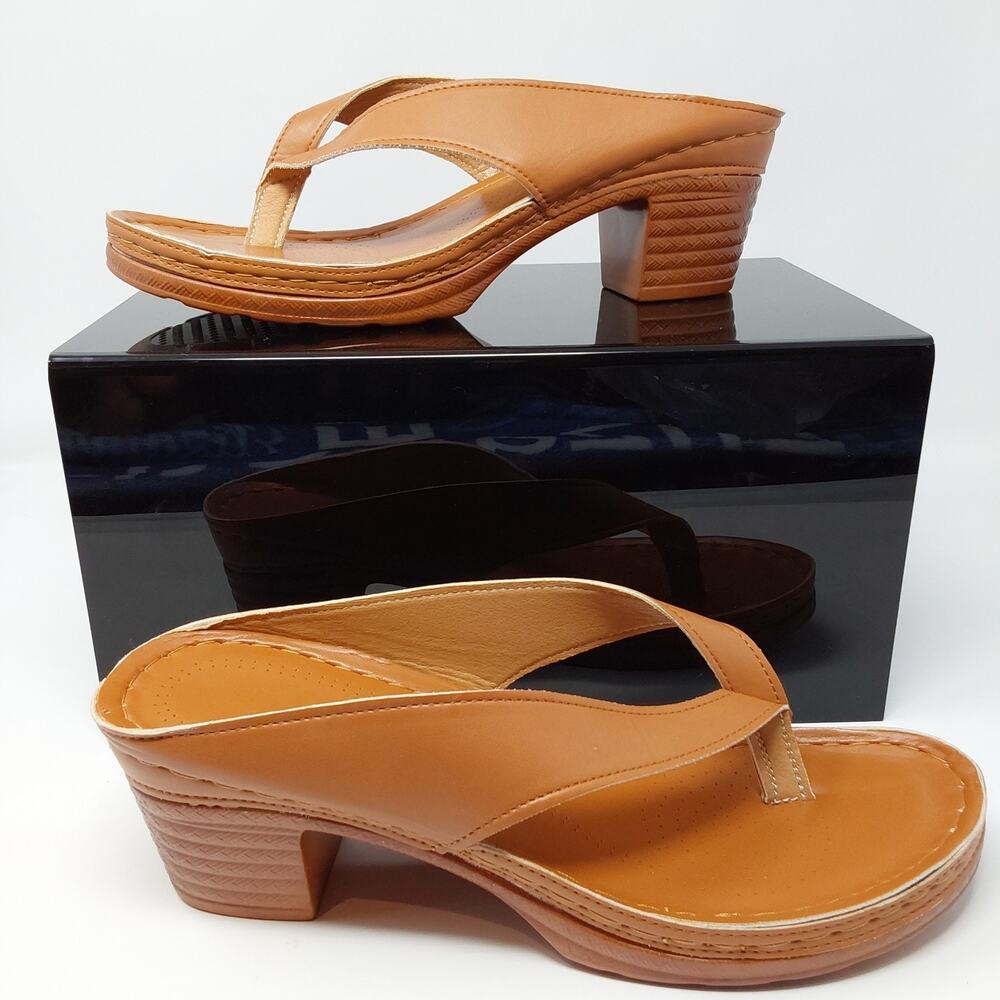 Women's Tan Brown Thong Mule Heels Slide Sandals Block Heel Size EU 43 Us 12